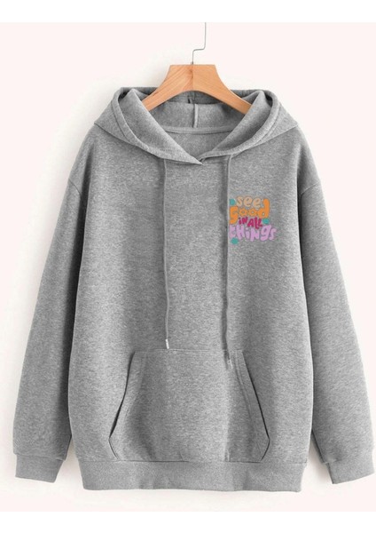 Gri See Good Baskılı Oversize Kapüşonlu Sweatshirt