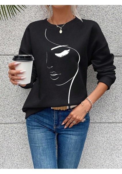 Kadın Tasarım Baskılı Oversize Bisiklet Yaka Sweatshirt indirimleri