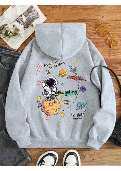 Unisex Gri Gezegen Baskılı Kapüşonlu Sweatshirt