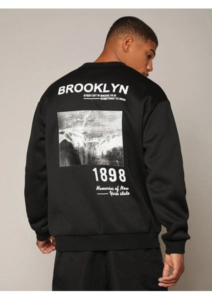 Brooklyn 1898 Bisiklet Yaka Ünisex Siyah Oversize Sweatshirt