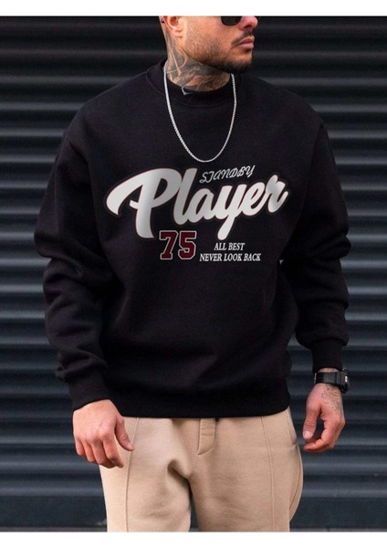 Player 75 Baskılı Bisiklet Yaka Ünisex Siyah Oversize Sweatshirt