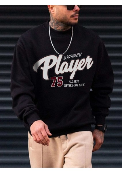 Player 75 Baskılı Bisiklet Yaka Ünisex Siyah Oversize Sweatshirt modelleri