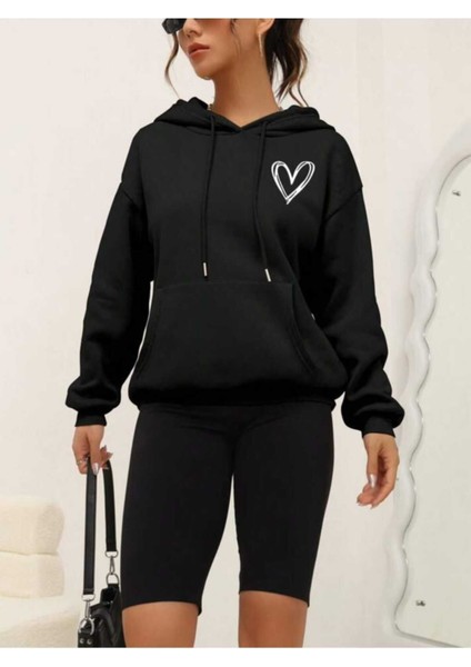 Minimal Kalp Baskılı Siyah Kapüşonlu Kanguru Cep Ünisex Oversize Sweatshirt