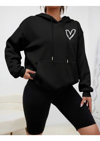 Minimal Kalp Baskılı Siyah Kapüşonlu Kanguru Cep Ünisex Oversize Sweatshirt