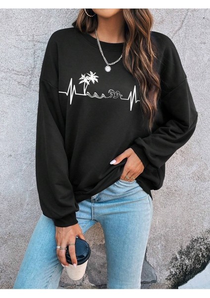 Palmiyeli Ritim Baskılı Bisiklet Yaka Ünisex Siyah Oversize Sweatshirt