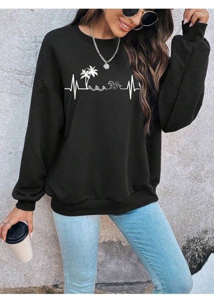Palmiyeli Ritim Baskılı Bisiklet Yaka Ünisex Siyah Oversize Sweatshirt modelleri