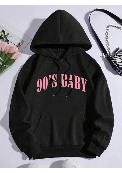 90's Baby Baskılı Ünisex Siyah Kapüşonlu Oversize Sweatshirt