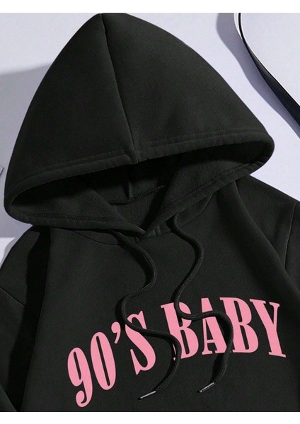 90's Baby Baskılı Ünisex Siyah Kapüşonlu Oversize Sweatshirt fiyatları