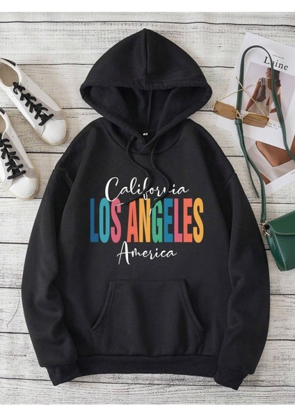 Los Angeles America Baskılı Ünisex Siyah Kapüşonlu Oversize Sweatshirt