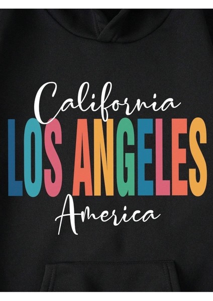 Los Angeles America Baskılı Ünisex Siyah Kapüşonlu Oversize Sweatshirt fiyatları