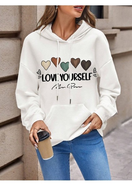 5 Kalpli Love Yourself Baskılı Ünisex Beyaz Kapüşonlu Oversize Sweatshirt