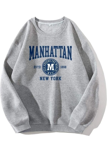 Manhattan Baskılı Bisiklet Yaka Ünisex Oversize Sweatshirt