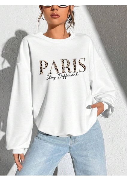 Paris Stay Different Baskılı Bisiklet Yaka Ünisex Beyaz Oversize Sweatshirt modelleri