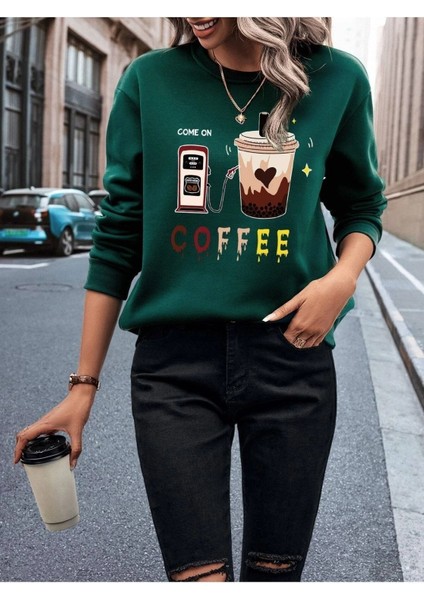 Come On Coffee Baskılı Bisiklet Yaka Ünisex Yeşil Oversize Sweatshirt
