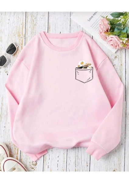 Çiçek Cep Baskılı Bisiklet Yaka Salaş Eşofman Üstü Oversize Sweatshirt