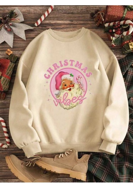 Noel Baba Baskıı Bisiklet Yaka Beyaz Ünisex Oversize Sweatshirt