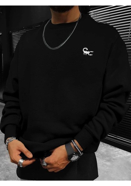 Akrep Baskılı Bisiklet Yaka Ünisex Siyah Oversize Sweatshirt
