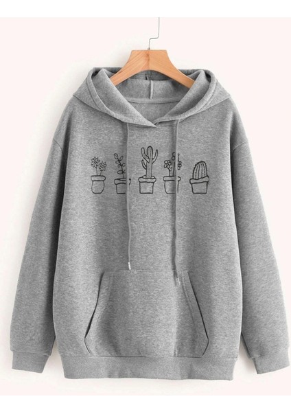 Kadın Oversize Kaktüs Baskılı Siyah Sweatshirt