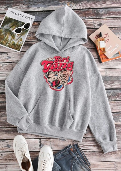 Unisex Oversize Gri Kapşonlu Girl Gang Baskılı Sweatshirt