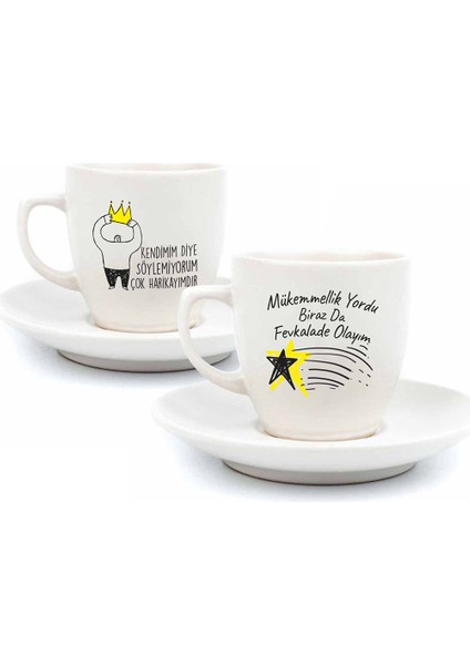 Çok Harikayımdır Mottolu 2 Kişilik 4 Parça Krem Türk Kahvesi Fincan Seti - Hediyelik Kahve Fincanı Seti