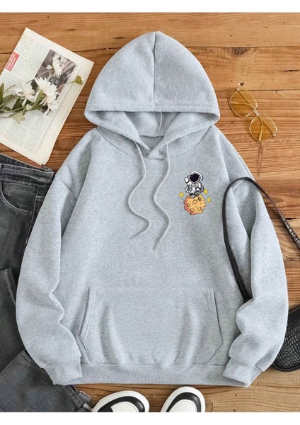 Unisex Gri Gezegen Baskılı Kapüşonlu Sweatshirt