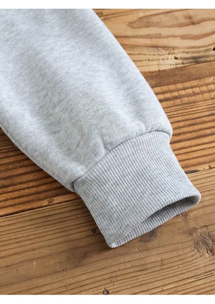 Unisex Gri Gezegen Baskılı Kapüşonlu Sweatshirt