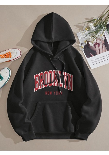 Brooklyn New York Baskılı Ünisex Kapüşonlu Oversize Sweatshirt
