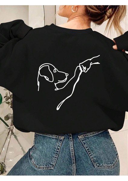 Köpek Dostu Baskılı Bisiklet Yaka Oversize Sweatshirt