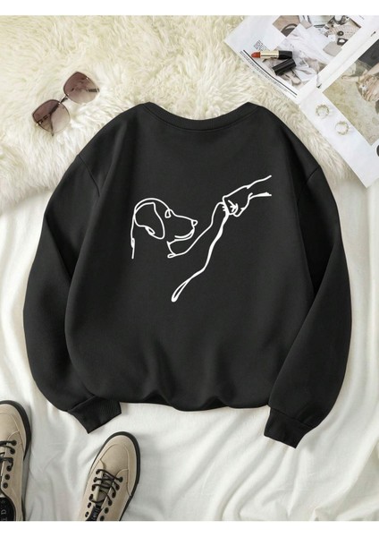 Köpek Dostu Baskılı Bisiklet Yaka Oversize Sweatshirt modelleri