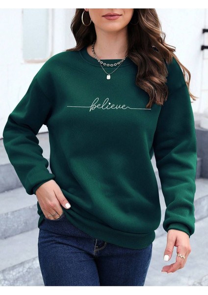 Believe Baskılı Bisiklet Yaka Siyah Kadın Oversize Sweatshirt
