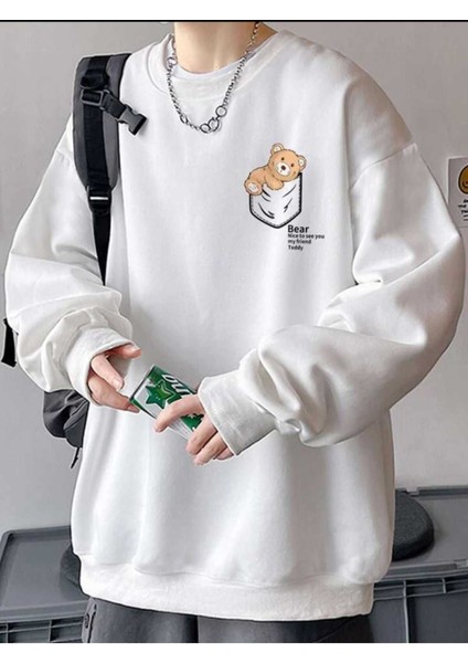 Minimal Baskılı Erkek Bisiklet Yaka Ünisex Oversize Sweatshirt