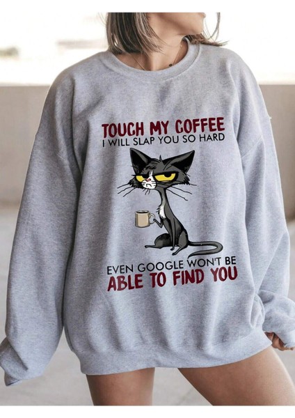 Kedi Kahve Baskılı Oversize Sıfır Yaka Sweatshirt