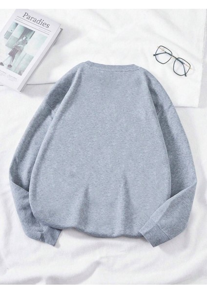 Kedi Kahve Baskılı Oversize Sıfır Yaka Sweatshirt