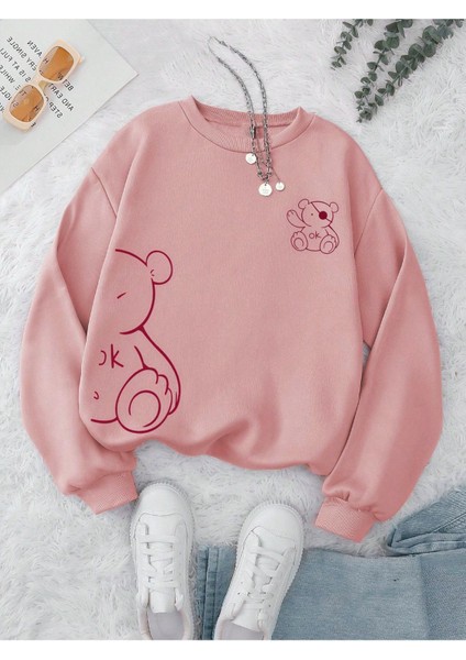 Kadın Ayıcık Baskılı Oversize Sweatshirt