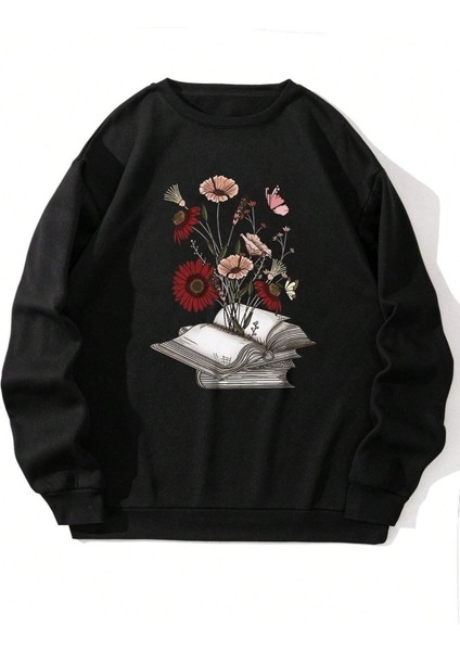 Çiçekli Kitap Baskılı Siyah Bisiklet Yaka Ünisex Oversize Sweatshirt