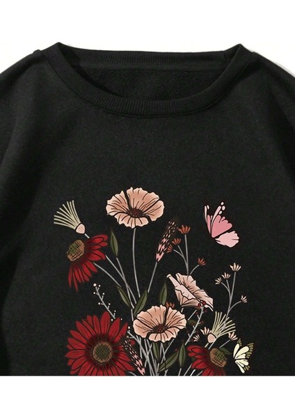 Çiçekli Kitap Baskılı Siyah Bisiklet Yaka Ünisex Oversize Sweatshirt fiyatları