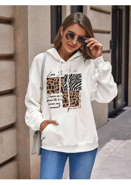 Love Is Wild Leo Baskılı Ünisex Beyaz Kapüşonlu Oversize Sweatshirt