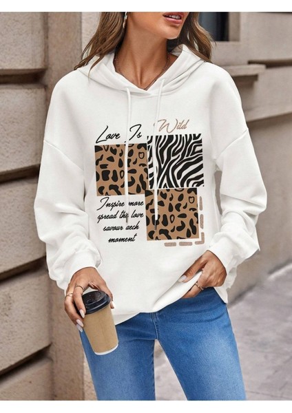 Love Is Wild Leo Baskılı Ünisex Beyaz Kapüşonlu Oversize Sweatshirt modelleri
