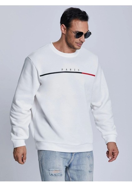 Paris Baskılı Beyaz Bisiklet Yaka Ünisex Oversize Sweatshirt