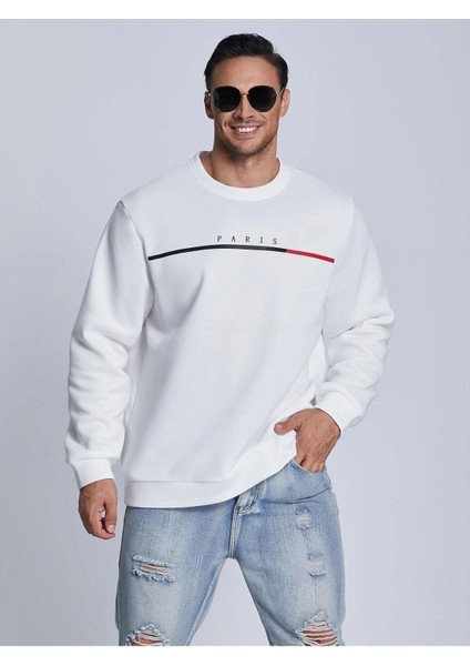 Paris Baskılı Beyaz Bisiklet Yaka Ünisex Oversize Sweatshirt modelleri