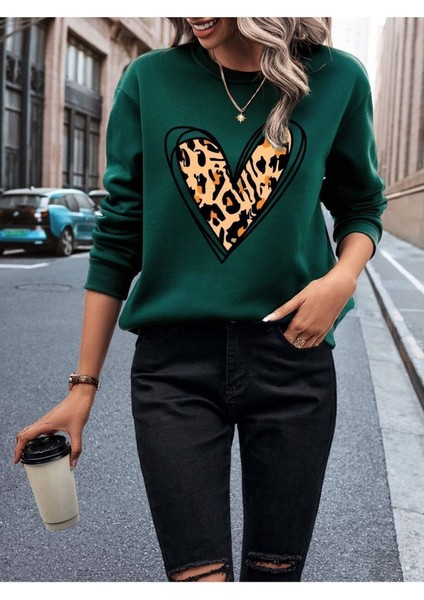 Büyük Leopar Kalp Baskılı Bisiklet Yaka Ünisex Oversize Sweatshirt fiyatları