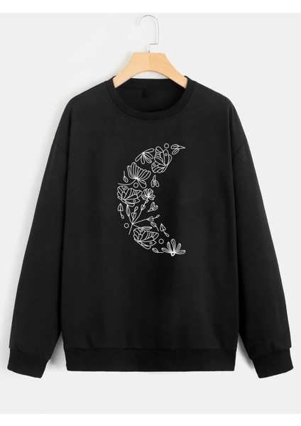 Siyah Ay Işığı Baskılı Oversize Sweatshirt
