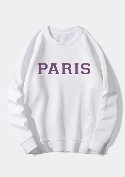 Kadın Paris Yazılı Beyaz Sweatshirt 3iplik