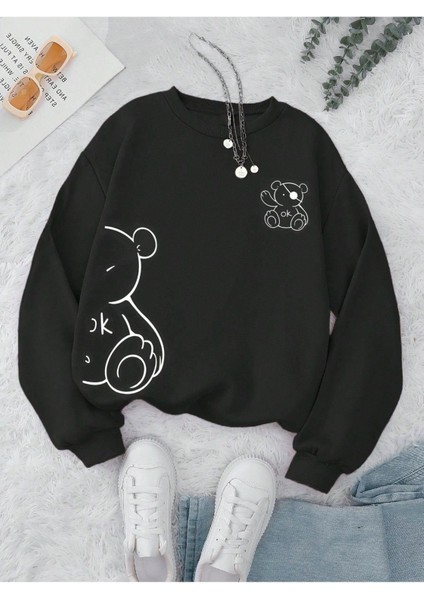 Kadın Ayıcık Baskılı Oversize Sweatshirt