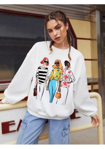 Gözlüklü 3 Kadın Baskılı Bisiklet Yaka Ünisex Beyaz Oversize Sweatshirt