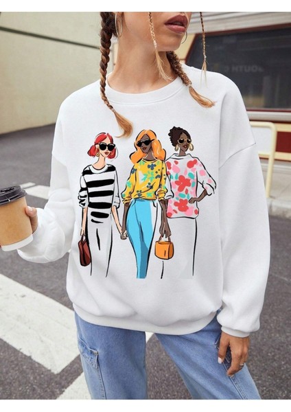 Gözlüklü 3 Kadın Baskılı Bisiklet Yaka Ünisex Beyaz Oversize Sweatshirt fiyatları