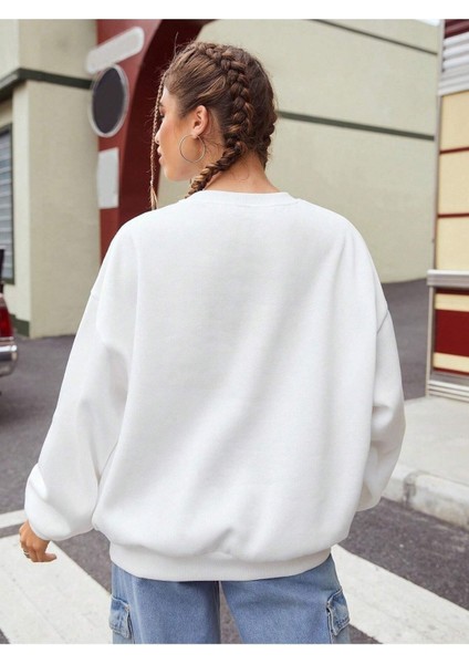 Gözlüklü 3 Kadın Baskılı Bisiklet Yaka Ünisex Beyaz Oversize Sweatshirt modelleri