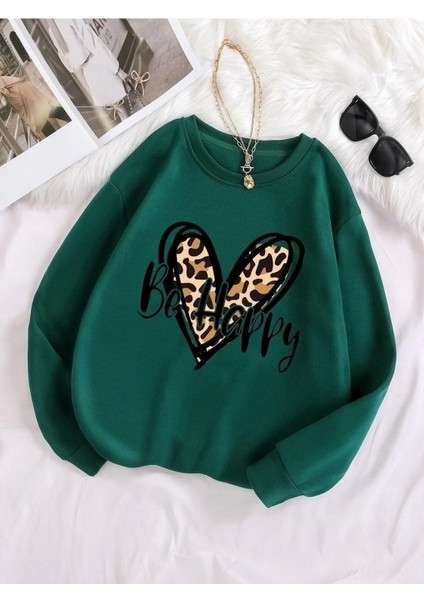 Unisex Yeşil Be Happy Baskılı Oversize Sweatshirt
