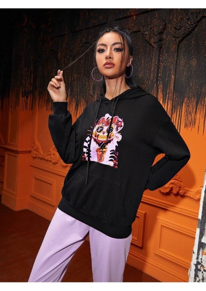 Renkli Baskılı Ünisex Siyah Kapüşonlu Oversize Sweatshirt fiyatları