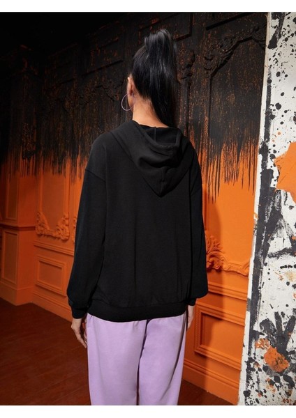 Renkli Baskılı Ünisex Siyah Kapüşonlu Oversize Sweatshirt modelleri